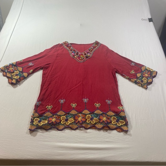 unbranded Tops - boho Blouse Top Woman Large Embroidered Butterfly long sleeve Red stone neck